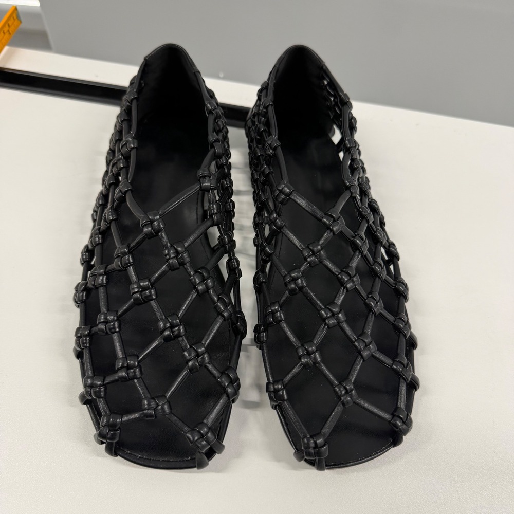 Black Knotted Cage Flat Sandals Square Toe Lattice Strappy Slip On Shoes Size 8